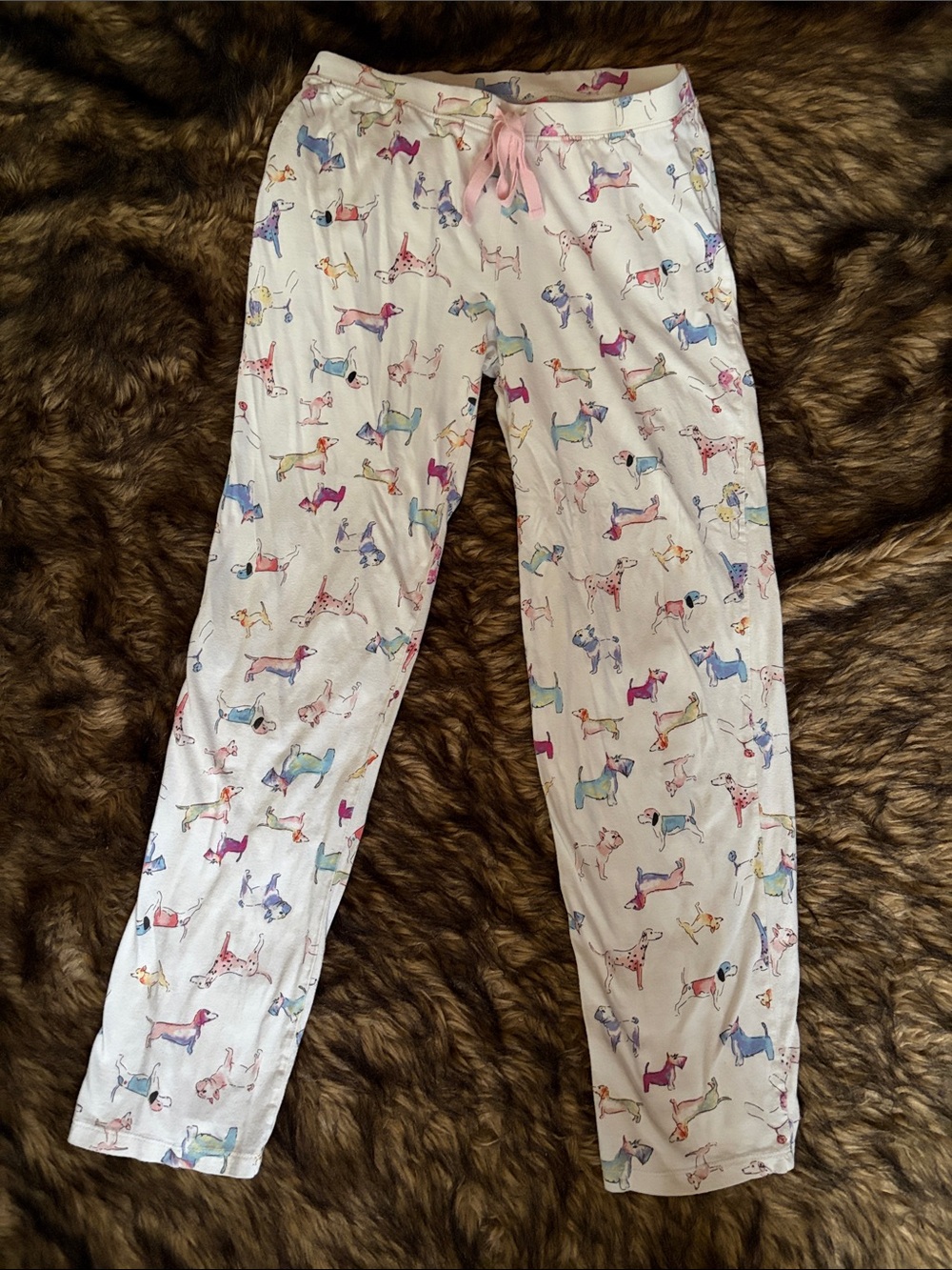 Isaac Mizrahi White Pajama Pants with Multicolor Dog Print - Pink Drawstring XS